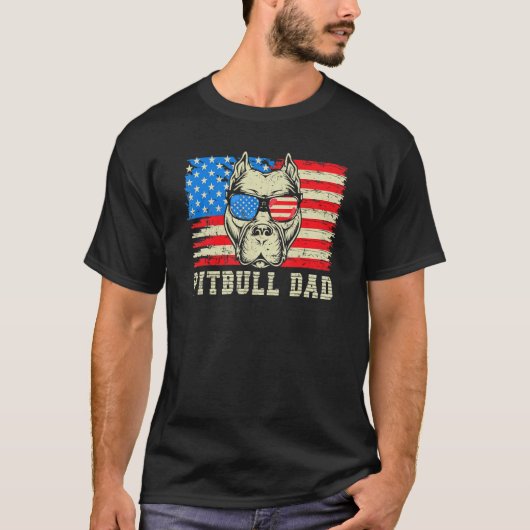 メンズピットブルパパアメリカンピットブルドッグ米国国旗4日 Tシャツ (正面)