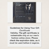 メンズファッションストアのオンラインギフト証明書 (正面&裏面)