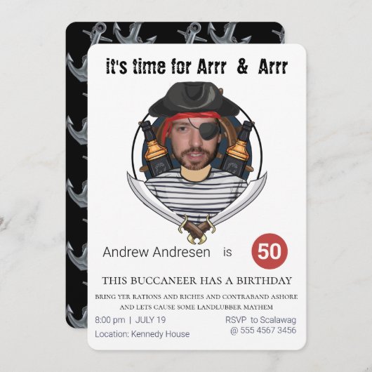 メンズファブパイレーツおもしろい誕生日追加顔素晴らし 招待状 (正面/裏面)
