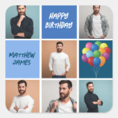 メンズフォトコラージュカスタムブルーバースデーパーティー スクエアシール (正面)