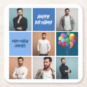 メンズフォトコラージュカスタムブルーバースデーパーティー スクエアペーパーコースター (正面)