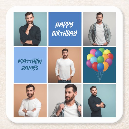メンズフォトコラージュカスタムブルーバースデーパーティー スクエアペーパーコースター (正面)