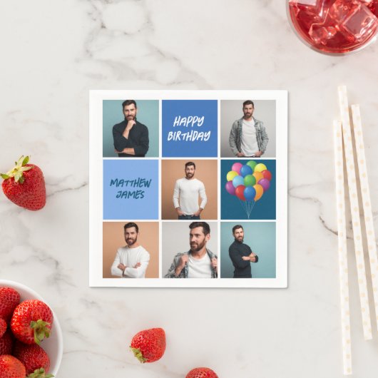 メンズフォトコラージュカスタムブルーバースデーパーティー スタンダードカクテルナプキン (インサイチュ)