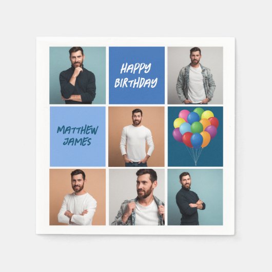 メンズフォトコラージュカスタムブルーバースデーパーティー スタンダードカクテルナプキン (正面)