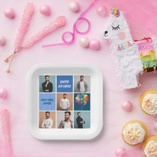 メンズフォトコラージュカスタムブルーバースデーパーティー ペーパープレート (パーティー)