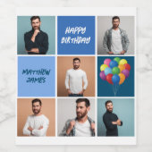 メンズフォトコラージュカスタムブルーバースデーパーティー ワインラベル (シングルラベル)