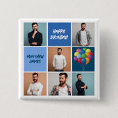 メンズフォトコラージュカスタムブルーバースデーパーティー 缶バッジ (正面)