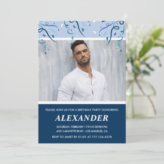 メンズフォトネイビーブルー59歳の誕生日招待状 招待状 (スタンド正面)