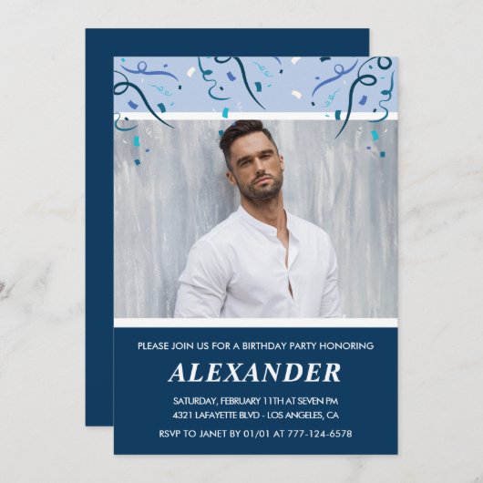 メンズフォトネイビーブルー61歳の誕生日招待状 招待状 (正面/裏面)