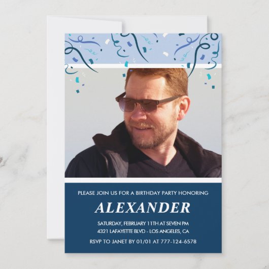 メンズフォトネイビーブルー67歳の誕生日招待状 招待状 (正面)