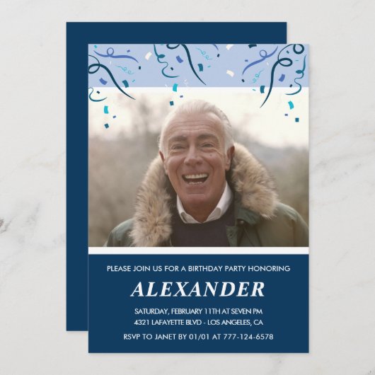 メンズフォトネイビーブルー79歳の誕生日 招待状 (正面/裏面)