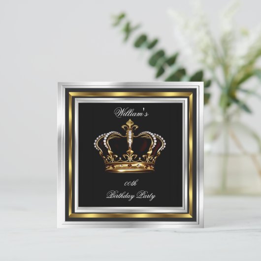 メンズブラックエレガントシルバー誕生日クラウン 招待状 (スタンド正面)