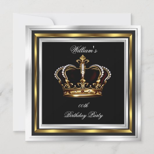 メンズブラックエレガントシルバー誕生日クラウン 招待状 (正面)
