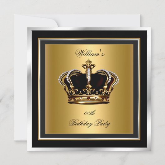 メンズブラックエレガントシルバー誕生日パーティークラウン 招待状 (正面)