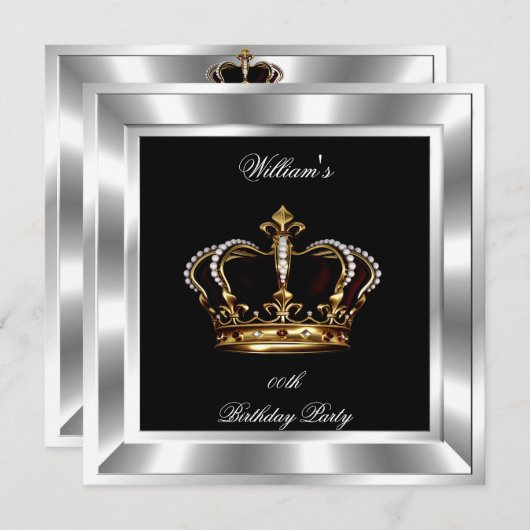 メンズブラックエレガントシルバー誕生日プリンスキング 招待状 (正面/裏面)