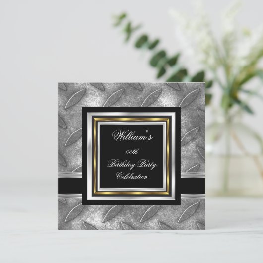 メンズブラックエレガント金ゴールドシルバー誕生日メタル 招待状 (スタンド正面)