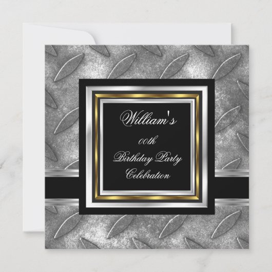 メンズブラックエレガント金ゴールドシルバー誕生日メタル 招待状 (正面)