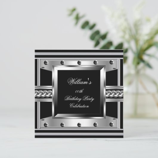 メンズブラックシルバー誕生日パーティーメタルスタッドの外観 招待状 (スタンド正面)