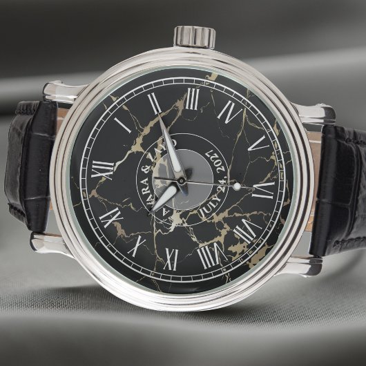 メンズブラックフェイクマーブルウォッチ – レザー – ヴィンテージ 腕時計