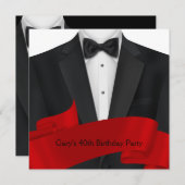 メンズブラックレッドタキシード誕生日パーティー 招待状 (正面/裏面)