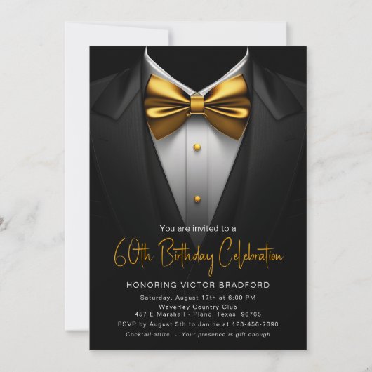 メンズブラック金ゴールドタキシード任意の数誕生日 招待状 (正面)