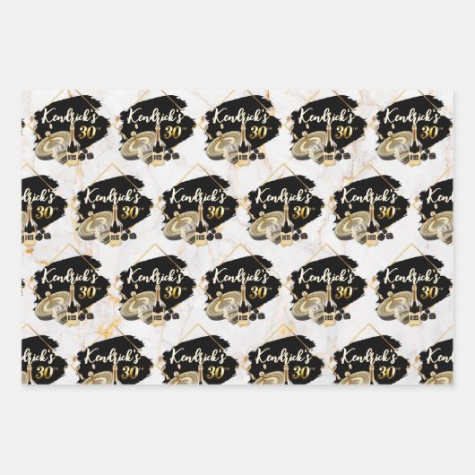 メンズブラック&金ゴールドカジノ30th Birthday ラッピングペーパーシート (正面)