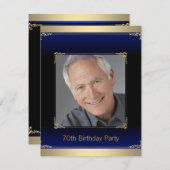 メンズブルー王室のと金ゴールド誕生日パーティー 招待状 (正面/裏面)