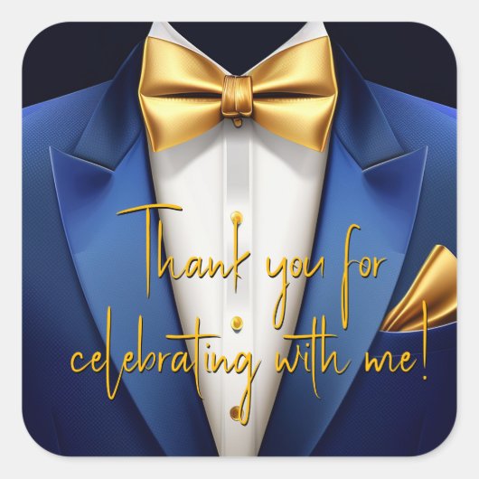 メンズブルー金ゴールド誕生日パーティー スクエアシール (正面)