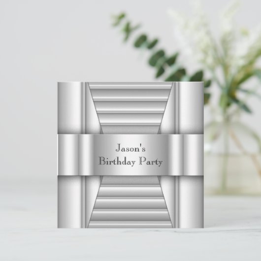 メンズホワイトスタイルシルバーバースデーパーティー 招待状 (スタンド正面)