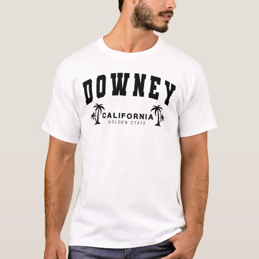 メンズホワイトダウニー，カリフォルニア，ゴールデン州 Tシャツ (正面)