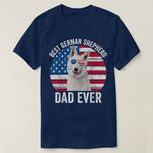 メンズホワイトドイツの羊飼いパパアメリカ国旗の犬L Tシャツ (デザイン正面)