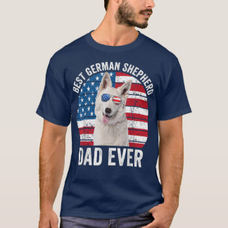 メンズホワイトドイツの羊飼いパパアメリカ国旗の犬L Tシャツ