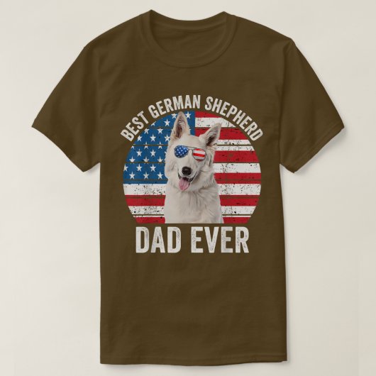 メンズホワイトドイツの羊飼いパパアメリカ国旗の犬L Tシャツ (デザイン正面)