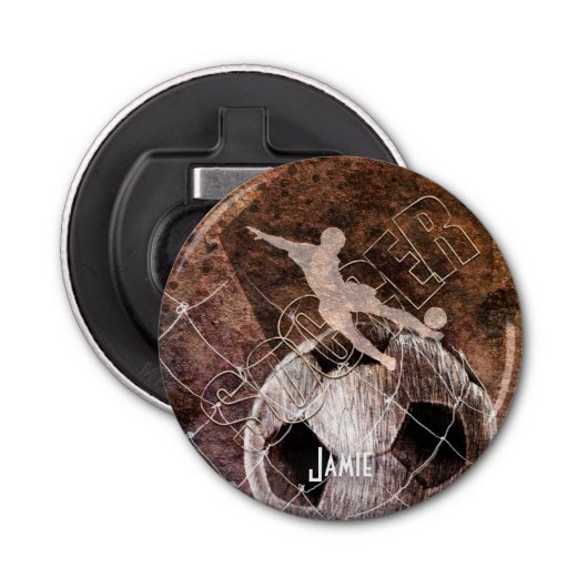 メンズボーイズサッカー選手がボールを蹴る 栓抜き (正面)