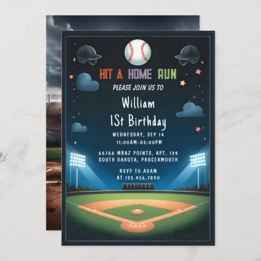 メンズボールウッドゲームチーム野球・1回目の誕生日 招待状 (正面/裏面)