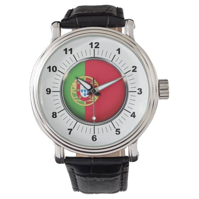 メンズポルトガル国旗ブラックレザーストラップウォッチ 腕時計 (正面)
