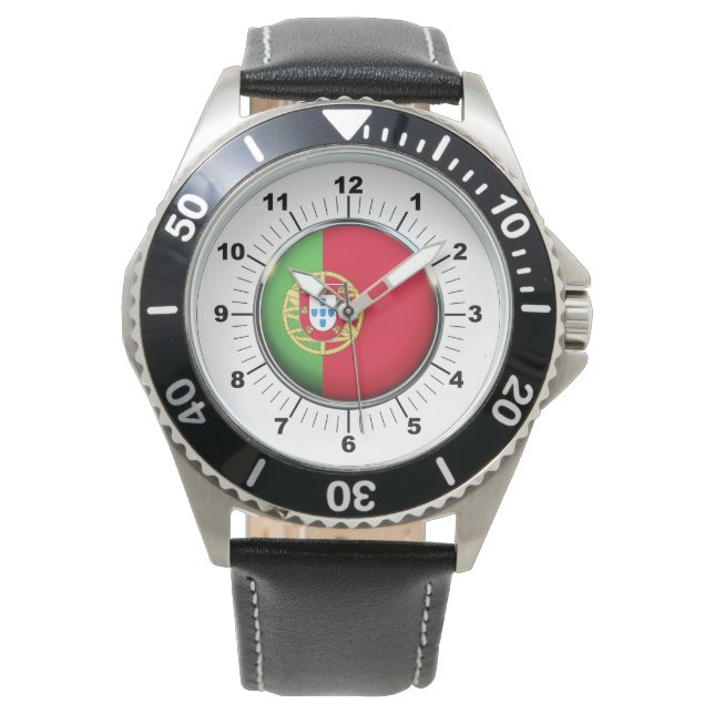 メンズポルトガル国旗ブラックレザーストラップウォッチ 腕時計 (正面)