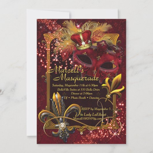 メンズマスカレードマルディグラスバースデーパーティー招待状 招待状 (裏面)