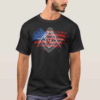 メンズマソニックアメリカ国旗のスクエアとコンパス Tシャツ