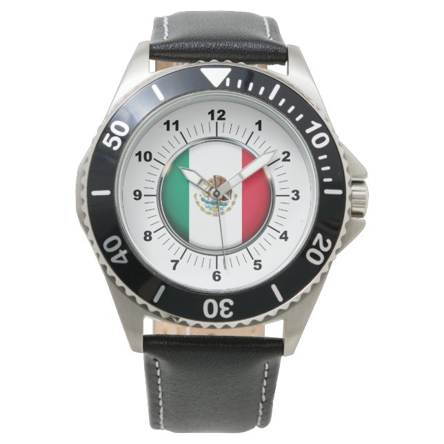 メンズメキシコ国旗ブラックレザーストラップウォッチ 腕時計 (正面)