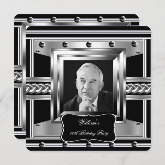 メンズメタルスタッズブラックシルバー誕生日写真2 招待状 (正面/裏面)