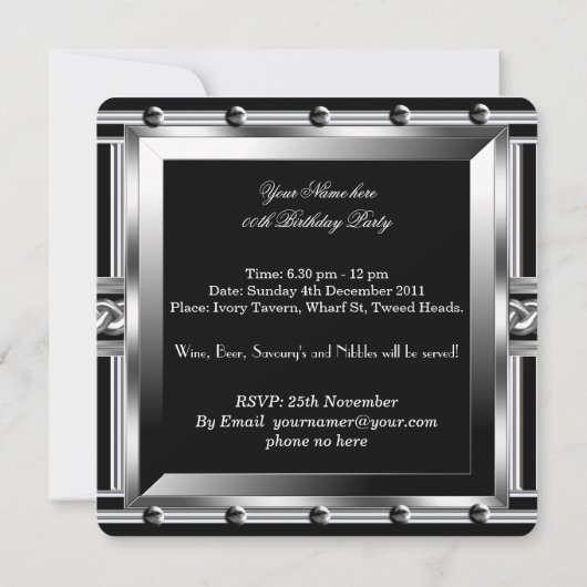 メンズメタルスタッズブラックシルバー誕生日写真2 招待状 (裏面)