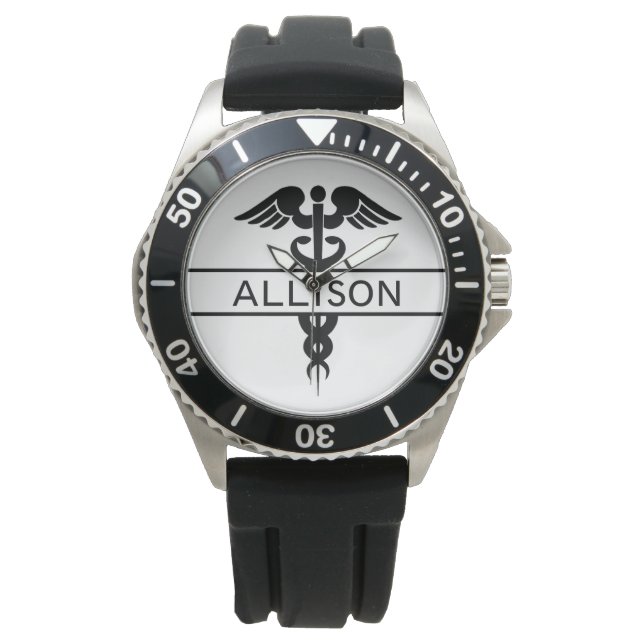 メンズメディカルカドゥセウス記号ブラックモダン 腕時計 (正面)