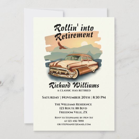 メンズリタイアレトロクラシック車の砂漠の夕日 招待状 (正面)