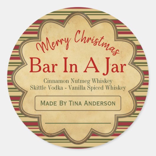 メンズレッドグリーンクリスマスバーの瓶のアイディア ラウンドシール (正面)