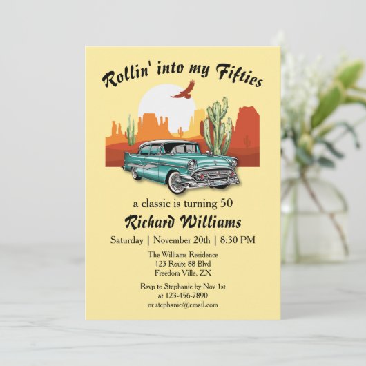 メンズレトロクラシックブルーカーデザート50誕生日 招待状 (スタンド正面)