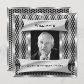 メンズヴィンテージシルバーメタルルックフォト誕生日 招待状 (正面/裏面)