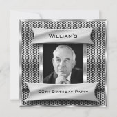 メンズヴィンテージシルバーメタルルックフォト誕生日 招待状 (正面)