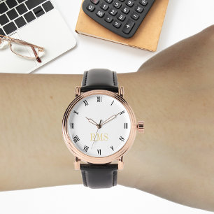 メンズヴィンテージバラ金ゴールドイニシャルブラックレザーストラップ 腕時計