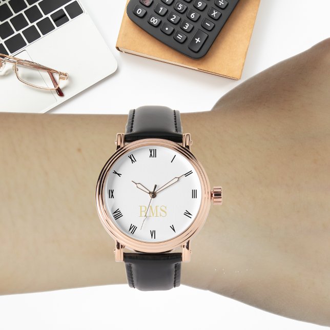 メンズヴィンテージバラ金ゴールドイニシャルブラックレザーストラップ 腕時計 (Mens Vintage Rose Gold Initial Black Leather Strap Watch)